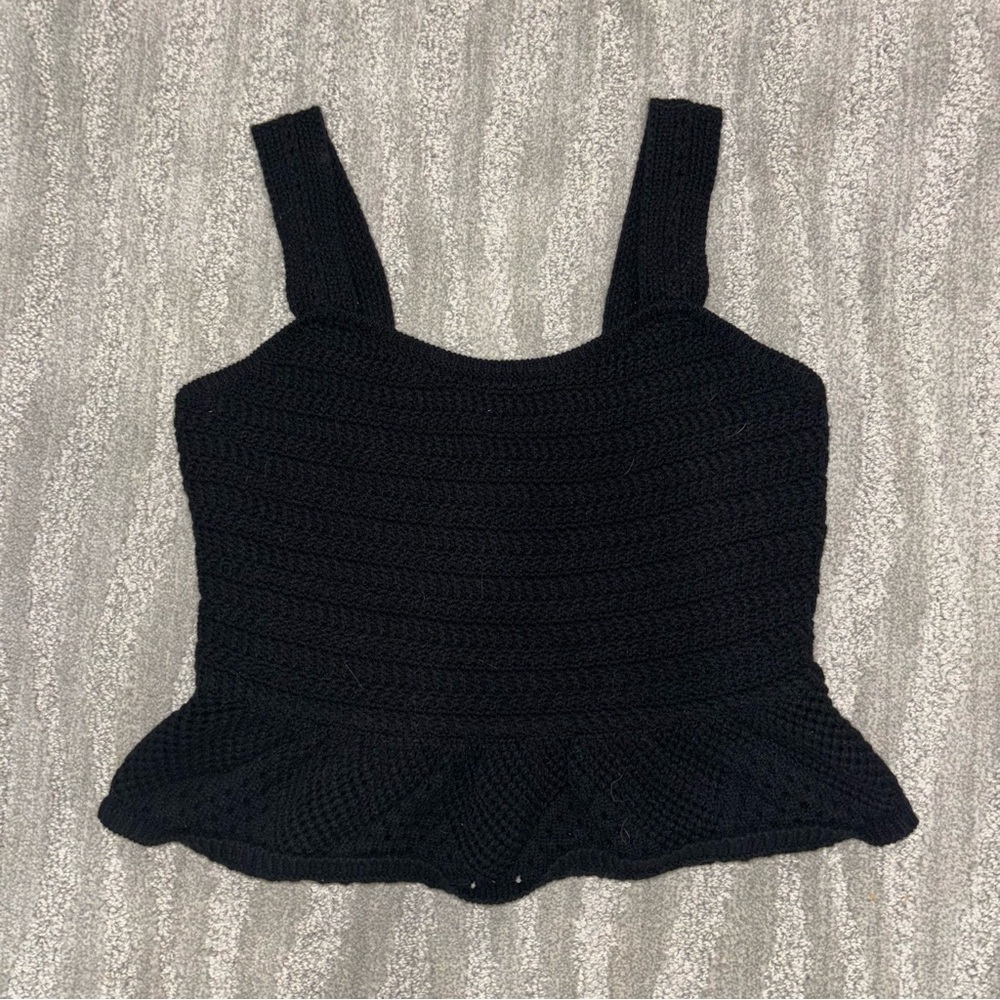 House Of Harlow 1960 Black Crochet Cropped Ruffle Knit Sleeveless Top Size S